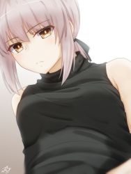 Rule 34 | 1girl, arm behind back, artoria pendragon (all), artoria pendragon (fate), bad id, bad pixiv id, bare shoulders, black ribbon, black sweater, breasts, brown eyes, close-up, closed mouth, commentary, expressionless, eyes visible through hair, fate/grand order, fate (series), from below, gradient background, grey background, hair between eyes, hair ribbon, head tilt, highres, jitome, leaning back, light frown, looking at viewer, looking down, medium breasts, medium hair, ponytail, ramchi, ribbon, saber alter, sidelocks, signature, silver hair, sleeveless, solo, sweater, turtleneck, turtleneck sweater, upper body