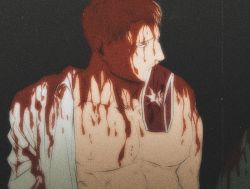 Rule 34 | 1boy, armband, bad id, bad pixiv id, bara, bare pectorals, blood, blood on clothes, blood on face, bun (bbb81bun), looking to the side, male focus, mouth hold, muscular, muscular male, nipples, nosebleed, open clothes, open shirt, pectoral focus, pectorals, reiner braun, shingeki no kyojin, shirt, short hair, solo, upper body, wet, wet clothes, wet shirt