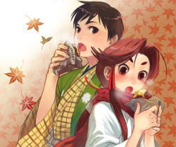 Rule 34 | asami you, autumn, eating, eyebrows, food, japanese clothes, kimono, leaf, maple leaf, ponytail, red hair, scarf, sweet potato
