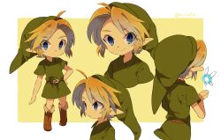 Rule 34 | 1boy, ahoge, artist name, belt, belt buckle, blonde hair, blue eyes, blush, boots, brown belt, brown footwear, buckle, closed mouth, collared shirt, commentary request, expressionless, facing away, fairy, full body, green headwear, green shirt, hand on own hip, hands up, hat, highres, link, looking at viewer, male focus, multiple views, navi, nintendo, parted bangs, pointy ears, shirt, short hair, short sleeves, sidelocks, simple background, smile, the legend of zelda, the legend of zelda: ocarina of time, tokuura, twitter username, two-tone background, upper body, white background, yellow background, young link