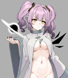 1girl black_hole borrowed_character breasts cleavage coat expressionless eyelashes grey_background highres looking_at_viewer nail_polish naked_coat navel open_clothes open_coat original out-of-frame_censoring purple_hair red_nails short_twintails simple_background solo standing suweeka twintails wide_sleeves yellow_eyes