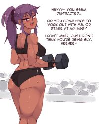 Rule 34 | 1girl, aged up, ass, back, black sports bra, breasts, commentary, dark-skinned female, dark skin, dumbbell, english commentary, english text, exercising, from behind, gym, hair ornament, hair scrunchie, katawa shoujo, kneepits, long hair, looking at viewer, looking back, mature female, medium breasts, miura miki, muscular, muscular female, ponytail, purple eyes, purple hair, purple scrunchie, rtil, scrunchie, solo, sports bra, standing, sweat, thick thighs, thighs, upper body, very dark skin, weightlifting, weights