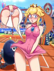 Rule 34 | 1girl, :o, arm behind back, ass, ball, blonde hair, blue eyes, blurry, blurry background, breasts, brooch, chain chomp, close-up, contrapposto, covered erect nipples, covered navel, crown, dress, dress tug, earrings, eyelashes, fingernails, game screenshot background, highres, jewelry, legs apart, lips, long hair, looking at viewer, mario, mario (series), mario tennis, mario tennis aces, medium breasts, moursho, nintendo, open mouth, outdoors, outline, panties, pink dress, pink lips, ponytail, princess peach, short dress, sleeveless, sleeveless dress, sportswear, stadium, standing, tennis, tennis ball, tennis court, tennis net, thighs, toad (mario), turtleneck, underwear, white outline, white panties