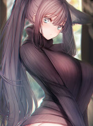 1girl :o amane_ruri animal_ears aqua_eyes breasts brown_hair from_side highres large_breasts long_hair long_sleeves looking_at_viewer original panties ponytail ribbed_sweater solo sweater turtleneck turtleneck_sweater underwear upper_body