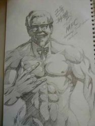 Rule 34 | 1boy, \m/, \n/, colonel sanders, glasses, kfc, lowres, male focus, manly, monochrome, muscular, old, old man, sketch, solo, string tie, translated, what