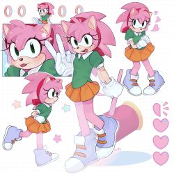 Rule 34 | 1girl, 3mia hadi3, :3, absurdres, amy rose, animal nose, arms behind back, artist name, blush, chibi, chibi inset, collared shirt, fang, female focus, flat chest, from side, furry, furry female, gloves, green eyes, green shirt, hairband, hammer, hand up, happy, heart, highres, holding, holding hammer, knees together feet apart, leg up, light blush, looking at viewer, medium hair, miniskirt, multiple views, notice lines, open mouth, orange skirt, outline, own hands together, pigeon-toed, pink hair, pleated skirt, puffy short sleeves, puffy sleeves, purple footwear, red hairband, ring (sonic), running, shirt, shoes, short sleeves, signature, sitting, skirt, smile, sonic (series), sonic the hedgehog (classic), spiked hair, standing, standing on one leg, star (symbol), tail, teeth, tongue, tongue out, v, white background, white gloves, white outline