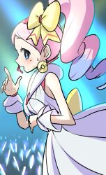 Rule 34 | 1girl, asamaru1225, blue eyes, blush, bow, bright pupils, commentary request, creatures (company), dress, drill hair, eyelashes, from side, game freak, hair bow, hairband, hand up, highres, idol, index finger raised, long hair, microphone, mole, mole under eye, nintendo, open mouth, pink hair, pink hairband, pokemon, pokemon bw2, solo, sweat, white dress, white pupils, wrist cuffs, yancy (pokemon), yellow bow