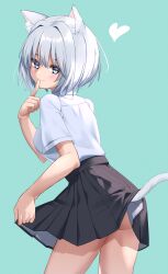 Rule 34 | 1girl, absurdres, animal ears, aqua background, ass, black skirt, blue eyes, blue necktie, breasts, cat ears, cat girl, cat tail, collared shirt, commentary request, diagonal-striped clothes, diagonal-striped necktie, from behind, grey hair, heart, highres, kiona (giraffe kiona), looking at viewer, looking back, medium breasts, necktie, original, plaid, plaid skirt, shirt, shirt tucked in, short hair, simple background, skirt, solo, standing, striped clothes, tail, white shirt