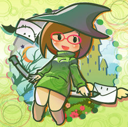 Rule 34 | 1girl, :d, bat wings, blush, brown hair, building, castle, commentary request, envelope, eyelashes, full body, glasses, green shirt, hat, janpii, letter, long sleeves, looking at viewer, lowres, nikki (swapnote), open mouth, pencil, red-framed eyewear, shirt, smile, smiley face, solo, stylus, swapnote, sweater, turtleneck, wand, wings, witch hat