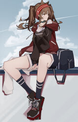 Rule 34 | 1girl, absurdres, angelina (arknights), animal ears, arknights, arms between legs, bag, black footwear, black jacket, black shirt, black shorts, blue shorts, blue socks, brown hair, chichi guai, closed mouth, cloud, expressionless, fox ears, fox girl, full body, hairband, high tops, highres, infection monitor (arknights), jacket, long hair, long sleeves, looking to the side, multicolored clothes, multicolored jacket, outdoors, red eyes, red footwear, red hairband, red jacket, shirt, shoes, shorts, sitting, sneakers, socks, solo, striped clothes, striped hairband, twintails, two-tone jacket