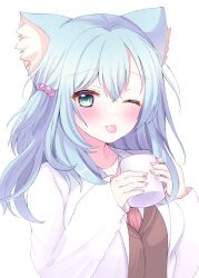 Rule 34 | 1girl, animal ear fluff, animal ears, aqua eyes, aqua hair, beads, blush, cat ears, cat girl, closed mouth, coffee mug, commentary request, crossed bangs, cup, eyelashes, fingernails, frown, hair beads, hair between eyes, hair ornament, hands up, highres, holding, holding cup, lab coat, long hair, mug, necktie, one eye closed, one side up, red necktie, riddle joker, school uniform, shikibe mayu, shione shiose, simple background, sleeves past wrists, solo, tongue, tongue out, upper body, white background