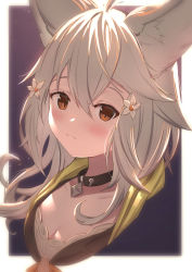 Rule 34 | 1girl, ahoge, animal ear fluff, animal ears, black collar, blush, breasts, brown eyes, cleavage, closed mouth, collar, commentary, cropped shoulders, erune, eyebrows hidden by hair, flower, granblue fantasy, grey hair, hair between eyes, hair flower, hair ornament, highres, hood, hood down, long hair, looking at viewer, sen (granblue fantasy), small breasts, smile, solo, symbol-only commentary, uneg, upper body, white flower