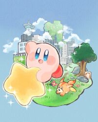 Rule 34 | :d, arm up, awoofy, blue background, blue eyes, blush, blush stickers, building, city, cloud, commentary request, flower, grass, guarani (muku 6930), kirby, kirby (series), kirby and the forgotten land, looking at viewer, nintendo, no humans, open mouth, overgrown, pink flower, railing, riding, rock, simple background, smile, sparkle, star (symbol), star block, tree, warp star, waving