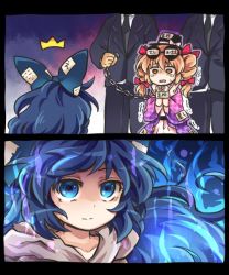 Rule 34 | 2girls, 2koma, ^^^, arrest, aura, black neckwear, black suit, blue bow, blue eyes, blue hair, bow, bracelet, brown eyes, brown hair, chain, coat, comic, cuffs, dress, drill hair, empty eyes, expressionless, eyewear on head, formal, from behind, hair bow, handcuffs, hat, hat ribbon, high collar, jewelry, long hair, looking at another, multiple girls, multiple hair bows, necktie, open mouth, pote (ptkan), purple coat, ribbon, scared, siblings, sisters, staring, suit, sunglasses, teardrop, tears, top hat, touhou, twin drills, wavy mouth, yorigami jo&#039;on, yorigami shion