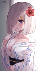 Rule 34 | 1girl, absurdres, artist name, blue eyes, blush, breasts, cleavage, closed mouth, flower, grey hair, hair flower, hair ornament, hair over one eye, hairclip, hamakaze (kancolle), highres, hirotsuki, japanese clothes, kantai collection, kimono, large breasts, long sleeves, obi, official alternate costume, one-hour drawing challenge, red flower, sash, short hair, signature, smile, solo, twitter username, white kimono, wide sleeves