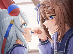 Rule 34 | 2girls, absurdres, animal ears, blue eyes, blush, bow, braid, brown hair, commentary request, day, ear bow, ear covers, empty eyes, eye contact, eyelashes, face-to-face, from side, grey hair, hair between eyes, highres, holding pacifier, horse ears, indoors, light smile, long hair, long sleeves, looking at another, multiple girls, nervous sweating, ooeyama, pacifier, parted lips, school uniform, shirt, super creek (umamusume), sweat, tamamo cross (umamusume), tracen school uniform, umamusume, v-shaped eyebrows, window