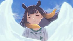 Rule 34 | 1girl, alternate costume, blue sky, blunt bangs, closed eyes, clothes writing, commentary request, god knows (hissatsu), hissatsu, hololive, hololive english, inazuma eleven, inazuma eleven (series), laing, long hair, mole, mole under eye, ninomae ina&#039;nis, pointy ears, purple hair, sky, smile, soccer uniform, solo, sportswear, tentacle hair, upper body, virtual youtuber, white wings, wings