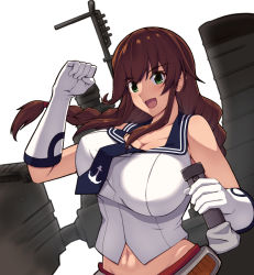 Rule 34 | 1girl, black necktie, black sailor collar, braid, breasts, brown hair, cleavage, commentary request, gloves, green eyes, kantai collection, large breasts, long hair, machinery, midriff, navel, necktie, noshiro (kancolle), red skirt, reta su gohan, sailor collar, school uniform, serafuku, shirt, simple background, skirt, sleeveless, sleeveless shirt, smokestack, solo, swept bangs, twin braids, upper body, white background, white gloves