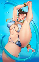 Rule 34 | 1girl, artist request, ass, bracelet, breasts, brown eyes, capcom, chun-li, double bun, eyeshadow, gluteal fold, hair bun, highres, jewelry, large breasts, makeup, nail polish, navel, non-web source, pink lips, red eyeshadow, red nails, solo, street fighter