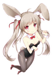 Rule 34 | 1girl, animal ears, bad id, bad pixiv id, bow, bowtie, detached collar, fake animal ears, grey hair, inumine aya, leotard, long hair, original, pantyhose, perspective, playboy bunny, rabbit ears, rabbit tail, red eyes, solo, tail, twintails, wrist cuffs