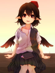 Rule 34 | 1girl, black hair, black wings, gradient background, hat, highres, looking at viewer, loose clothes, notebook, nuqura, open mouth, pointy ears, puffy sleeves, red eyes, shameimaru aya, shirt, short hair, short sleeves, sitting, skirt, smile, solo, tokin hat, touhou, wings