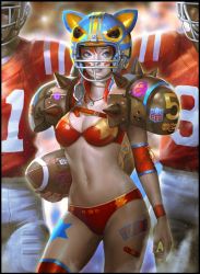 Rule 34 | 1girl, 2boys, american football, american football (object), american football helmet, animal ears, animal helmet, bad id, bad pixiv id, ball, bandaid, bikini, black thighhighs, blue eyes, brand name imitation, breasts, cleavage, fake animal ears, hand on own hip, helmet, jewelry, kilart, lips, multiple boys, national football league, navel, necklace, orange hair, original, parted lips, shoulder pads, side-tie bikini bottom, smile, solo focus, spikes, strap gap, swimsuit, thighhighs, wet, wristband