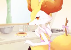 Rule 34 | 1girl, animal ear fluff, animal ears, animal nose, apron, blush, body fur, bottle, bow, braixen, clothed pokemon, creatures (company), curtains, female focus, flat chest, food, fox ears, fox girl, fox tail, from behind, furry, furry female, game freak, gen 6 pokemon, hand up, indoors, kemonobito, kitchen, looking at viewer, looking back, mixing bowl, neck fur, nintendo, open mouth, pancake, pink apron, pink bow, plate, pokemon, pokemon (creature), red eyes, snout, solo, standing, stick, stove, tail, upper body, white fur, window, yellow fur