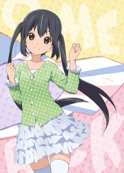 Rule 34 | 1girl, black hair, brown eyes, clenched hands, errant, frilled skirt, frills, gathers, k-on!, layered skirt, long hair, looking at viewer, miniskirt, nakano azusa, polka dot, sidelocks, skirt, smile, solo, star (symbol), thighhighs, twintails, white skirt, white thighhighs, zettai ryouiki