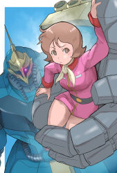 1girl absurdres belt brown_eyes brown_hair char&#039;s_counterattack commentary_request crossover earth_federation fraw_bow gundam highres jagd_doga_gyunei_custom k_katora looking_at_viewer mecha military_uniform mobile_suit mobile_suit_gundam neo_zeon robot scarf science_fiction sketch spoilers trapped yellow_scarf