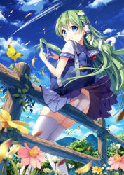 Rule 34 | 1girl, alternate costume, ass, blue eyes, bug, butterfly, cellphone, cloud, cloudy sky, crotch seam, day, forest, frog hair ornament, from behind, green hair, hair between eyes, hair ornament, hair tubes, insect, kochiya sanae, long hair, looking at viewer, miniskirt, miyase mahiro, nature, outdoors, panties, pantyshot, petals, phone, pleated skirt, pyonta, school uniform, serafuku, skirt, sky, smartphone, smile, snake hair ornament, solo, striped clothes, striped panties, thighhighs, touhou, tree, underwear, white panties, white thighhighs, wind, wind lift