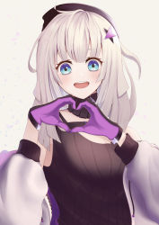 Rule 34 | 1girl, aa-12 (girls&#039; frontline), absurdres, beret, black shirt, blue eyes, blush, buckle, girls&#039; frontline, gloves, hair ornament, hat, highres, jacket, long hair, looking at viewer, open mouth, purple gloves, shirt, silver hair, simple background, snap-fit buckle, solo, sotomie, star (symbol), star hair ornament, white jacket