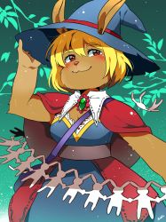 Rule 34 | 1girl, blonde hair, blush, copyright request, dress, female focus, furry, furry female, gradient background, hat, plant, rabbit, red eyes, sei (seiryuuden), short hair, solo, witch hat
