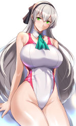 Rule 34 | 1girl, ao no kiseki, bare shoulders, blush, breasts, collarbone, competition swimsuit, eiyuu densetsu, elie macdowell, falcom, green eyes, grey hair, hairband, highleg, highleg swimsuit, kumakichi (cost-lost), large breasts, long hair, looking at viewer, one-piece swimsuit, simple background, smile, solo, swimsuit, white one-piece swimsuit, zero no kiseki