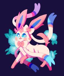 Rule 34 | :3, black background, blue eyes, commentary, creature, creatures (company), floral background, full body, game freak, gen 6 pokemon, highres, looking at viewer, nintendo, no humans, pokemon, pokemon (creature), signature, simple background, solo, sylveon, tonestarr