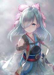 Rule 34 | 1girl, armor, arms at sides, blue eyes, bougu, commentary request, cowboy shot, detached sleeves, flower, hair flower, hair ornament, hair over one eye, japanese armor, japanese clothes, kachayori, kote, kurokote, long hair, looking away, obi, obiage, obijime, oshiro project:re, sash, simple background, solo, white hair, wide sleeves, x hair ornament