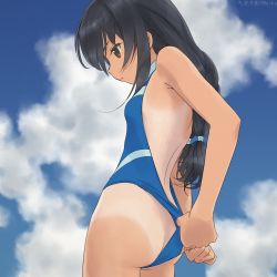 Rule 34 | 10s, 1girl, adjusting clothes, adjusting swimsuit, ass, bad id, bad twitter id, bare back, black hair, blue sky, blue one-piece swimsuit, brown eyes, butt crack, chimaki (u9works), closed mouth, cloud, cloudy sky, competition swimsuit, cowboy shot, day, expressionless, facing away, girls und panzer, halterneck, halterneck, lips, long hair, low-tied long hair, one-piece swimsuit, one-piece tan, outdoors, profile, reizei mako, sky, solo, swimsuit, tan, tanline, wedgie