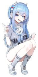 Rule 34 | 1girl, absurdres, animal ear headphones, animal ears, blue eyes, blue hair, blue neckerchief, commentary, cross-laced footwear, fake animal ears, full body, gnns, goddess of victory: nikke, grey shirt, grey skirt, grey socks, headphones, high-waist skirt, highres, holding, holding stylus, holding tablet pc, light blue hair, looking at viewer, neckerchief, open mouth, shifty (nikke), shirt, short sidetail, skirt, sleeves rolled up, smile, socks, solo, squatting, stylus, tablet pc, thighs, tiptoes, white footwear, white headphones, white wrist cuffs, wrist cuffs