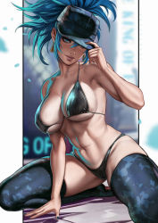Rule 34 | 1girl, abs, animal hat, bare shoulders, bikini, black bikini, blue eyes, blue hair, breasts, camouflage, cat hat, cleavage, collarbone, dandon fuga, earrings, hand on headwear, hat, highres, holding, holding clothes, holding hat, jewelry, large breasts, leona heidern, looking at viewer, micro bikini, muscular, muscular female, navel, seiza, sitting, skindentation, smile, solo, swimsuit, the king of fighters, triangle earrings