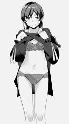 Rule 34 | 1girl, banned artist, bra, braid, breasts, clothes lift, cowboy shot, dress, dress lift, facing viewer, greyscale, kantai collection, long hair, makio (makiomeigenbot), monochrome, official alternate costume, panties, sideways glance, single braid, small breasts, solo, souya (kancolle), underwear