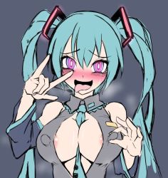 Rule 34 | 1girl, aqua hair, areola slip, blush, breasts, cleavage, covered erect nipples, detached sleeves, grey background, hatsune miku, large breasts, long hair, looking at viewer, m/, necktie, open clothes, open mouth, pink eyes, sanagi semi, simple background, solo, tongue, tongue out, twintails, upper body, vocaloid