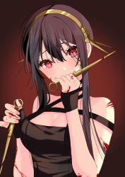 Rule 34 | 1girl, bad id, bad pixiv id, bare arms, bare shoulders, black choker, black dress, black hair, blood, blood on hands, breasts, choker, cleavage, covering own mouth, dagger, dress, dual wielding, hairband, hands up, highres, holding, holding dagger, holding knife, holding weapon, knife, looking at viewer, medium breasts, noa (hkgbkk8), red eyes, short hair with long locks, sleeveless, sleeveless dress, solo, spy x family, upper body, weapon, yor briar
