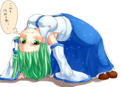 Rule 34 | 1girl, all fours, arched back, awkward pose, blush, body bridge, breasts, detached sleeves, frog hair ornament, green eyes, green hair, hair ornament, hair tubes, kochiya sanae, long hair, looking at viewer, looking back, matching hair/eyes, medium breasts, pirorun, simple background, skirt, smile, snake hair ornament, solo, text focus, thought bubble, touhou, translated, upside-down, white background