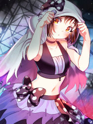 Rule 34 | 1girl, adjusting hood, bang dream!, black bow, blush, bow, brown hair, cape, choker, collarbone, commentary request, crop top, dew (dltmf2266), ghost costume, hair bow, hazawa tsugumi, hood, hood up, hooded cape, looking at viewer, midriff, multicolored clothes, multicolored skirt, navel, orange eyes, polka dot, polka dot bow, shirt, skirt, sleeveless, sleeveless shirt, solo, stitches