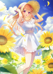 Rule 34 | 1girl, arms up, blonde hair, blue sky, breasts, cloud, day, dress, flower, hat, hat ribbon, indie virtual youtuber, kochou cocoa, koyama rikako, outdoors, petals, red eyes, ribbon, sky, solo, standing, straw hat, summer, sun hat, sundress, sunflower, virtual youtuber, white dress