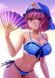 Rule 34 | 1girl, absurdres, adapted costume, bad id, bad pixiv id, bare shoulders, bikini, blue bikini, blue headwear, breasts, cleavage, commentary request, cowboy shot, dusk, frilled bikini, frills, front-tie bikini top, front-tie top, hand fan, highres, holding, holding fan, izawa (bhive003), large breasts, leaning forward, looking at viewer, navel, outdoors, paper fan, pink hair, saigyouji yuyuko, short hair, side-tie bikini bottom, smile, solo, swimsuit, touhou, yellow eyes