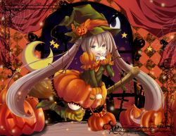 Rule 34 | 1girl, boots, bubble skirt, crescent, dress, food-themed hair ornament, fuuri (von@), hair ornament, halloween, hat, hatsune miku, jack-o&#039;-lantern, long hair, multicolored stripes, orange dress, pumpkin, pumpkin hair ornament, silk, silver hair, skirt, solo, spider web, star (symbol), striped clothes, striped thighhighs, thighhighs, twintails, very long hair, vocaloid, witch, witch hat, yellow eyes