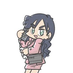 Rule 34 | 1girl, alternate costume, alternate hairstyle, bag, black hair, cellphone, commentary request, feet out of frame, ferret-san, formal, green eyes, hair down, holding, holding phone, kantai collection, long hair, phone, pink suit, simple background, skirt, skirt suit, solo, souryuu (kancolle), suit, thick eyebrows, wavy hair, white background