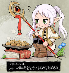 Rule 34 | 1girl, black pants, blue flower, book, boots, brown footwear, commentary, commentary request, cooking, deformed, drop earrings, earrings, elf, flower, food, frieren, full body, grass, green eyes, grey background, holding, holding staff, jewelry, kiichi, looking at food, mage staff, musical note, on ground, pants, pointy ears, robe, rock, shirt, signature, sitting, smile, solo, sousou no frieren, spoken musical note, staff, steam, striped clothes, striped shirt, translation request, twintails, white hair, white robe
