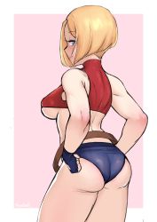 Rule 34 | 1girl, absurdres, adjusting clothes, adjusting shorts, arched back, artist name, ass, back, bare arms, bare shoulders, belt, belt skirt, blonde hair, blue eyes, blue gloves, blue mary, blue shorts, border, breasts, brown belt, closed mouth, contrapposto, cowboy shot, crop top, denim, denim shorts, eyelashes, facing viewer, fatal fury, fingerless gloves, from behind, gloves, half-closed eye, highres, looking back, loose belt, medium breasts, micro shorts, moebell, pink background, red shirt, shirt, short hair, shorts, simple background, sleeveless, sleeveless shirt, solo, the king of fighters, thighs, toned, turtleneck, underboob, white border