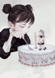 Rule 34 | 1girl, birthday cake, black dress, blush, brown hair, cake, candle, closed mouth, dated, double bun, dress, feiqizi (fkey), figure, fkey, food, fork, grey eyes, hair bun, highres, holding, holding fork, long sleeves, maid, original, solo, upper body